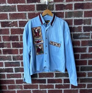 Vintage Cropped Santa Patchwork Button Up Shirt Womens L